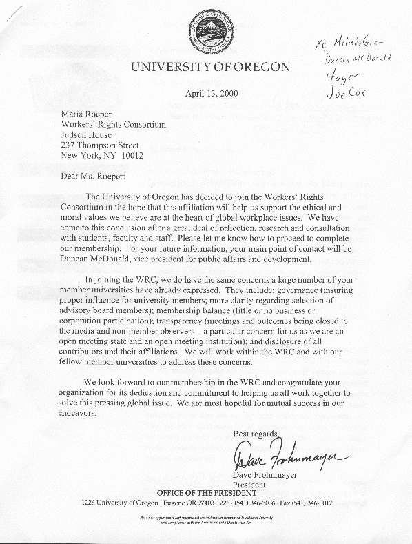 official letter format. Letter from UO President