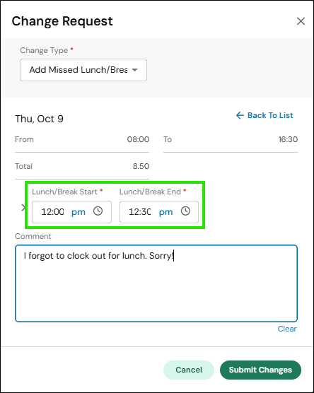 Picture of Add Missed Lunch Change Request with lunch from and to times