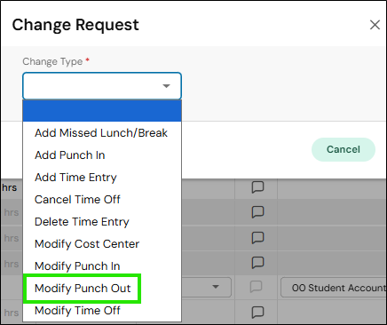 Picture of Change Request option Modify Punch Out