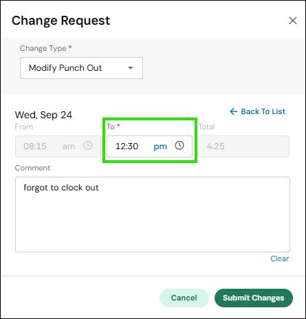 Picture of Modify Punch Out Change Request with punch out