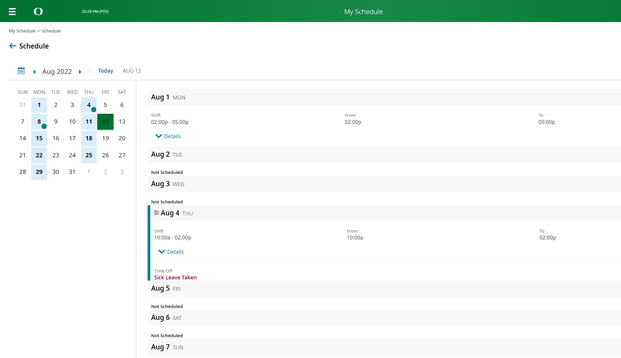 Picture of UKG Ready employee schedule