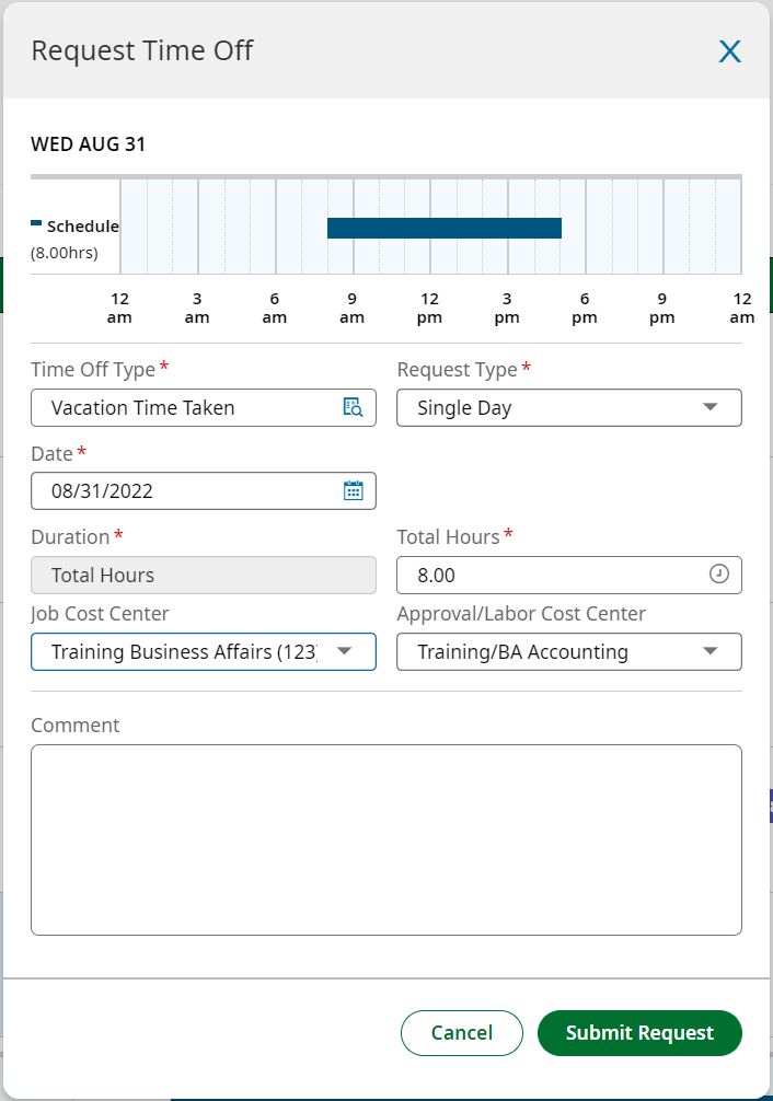 Picture of requesting time off in UKG Ready