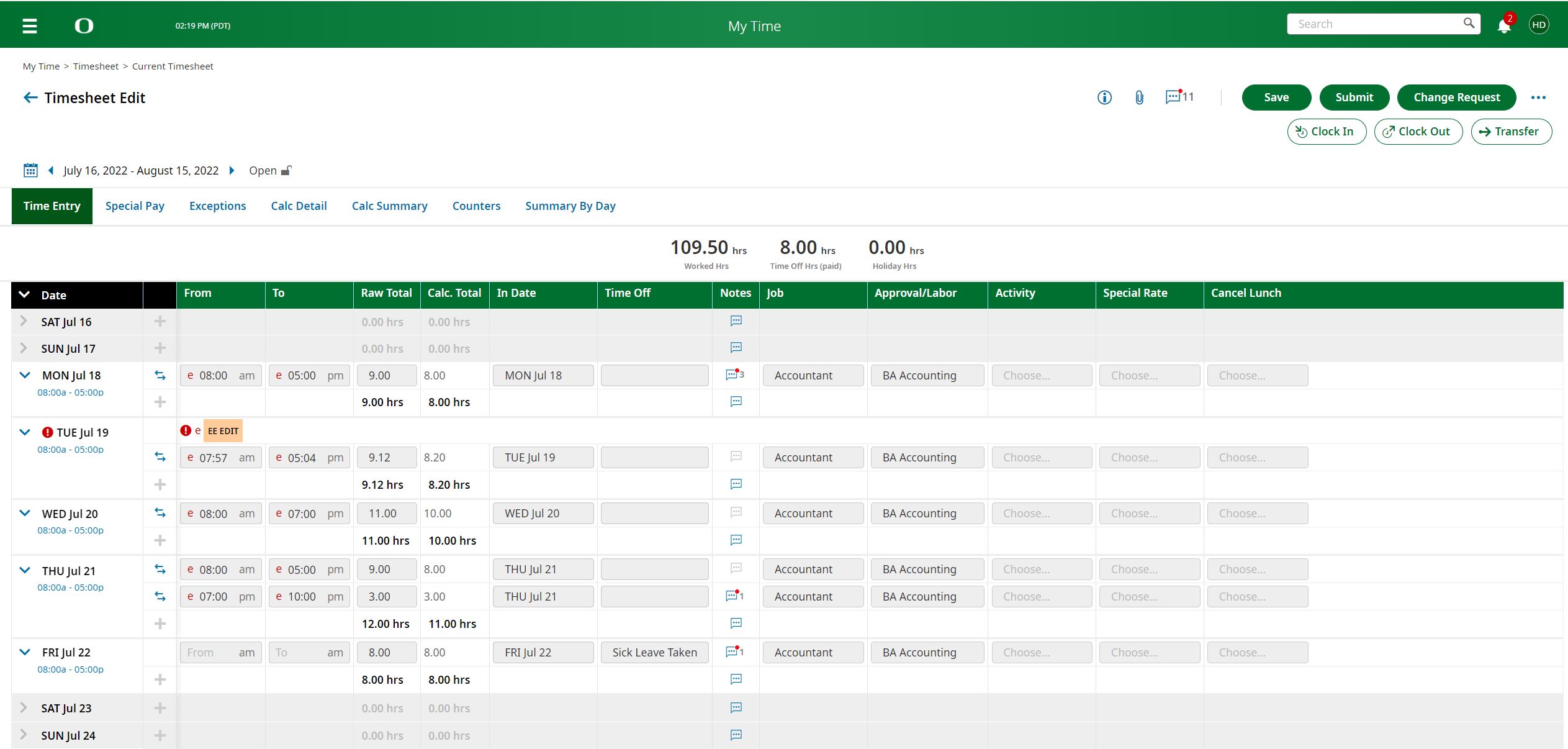 Picture of UKG Ready timesheet