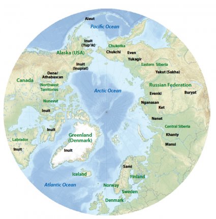 Native populations shown on an Arctic Ocean relief map