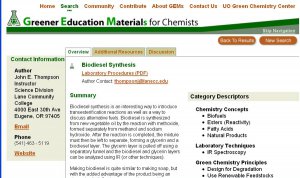 Screenshot of biodiesel synthesis item from GEMs