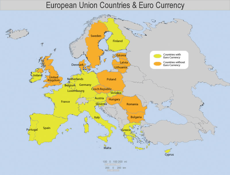 Map of European Union Countries and Euro Currency