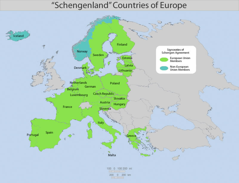 Map of "Schengenland" Countries of Europe