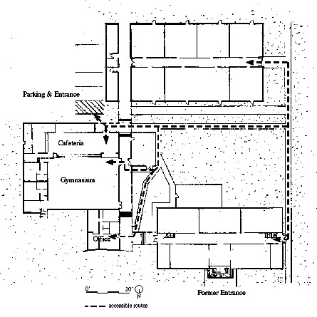 1990s site plan for ADA barrier removal, showing "separate but (not) equal path of travel at an elementary school