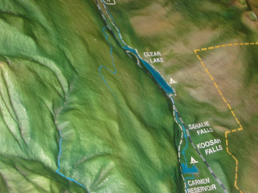 Clear Lake: unser Ziel auf dem 3-D Modell der McKenzie Ranger Station