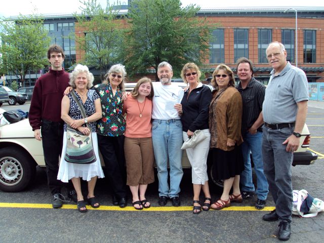 ...Rachel (4th from left) parked her yellow Mercedes across from the Eugene Public Lirary and used the car's CD player.