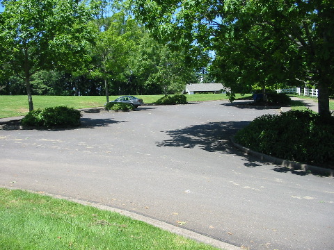 nach rechts zum geteerten Parkplatz. Im Hintergrund auf dem H&uuml;gel unser Shelter