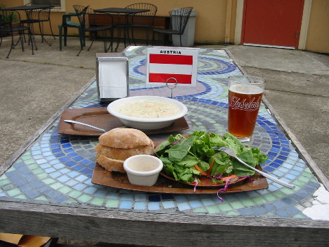 fish soup & salad, with micro brew & tip: $12.-