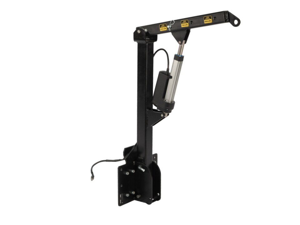 Hardy Lifts jib arm attachment showing the electric linear actuator between mast and boom