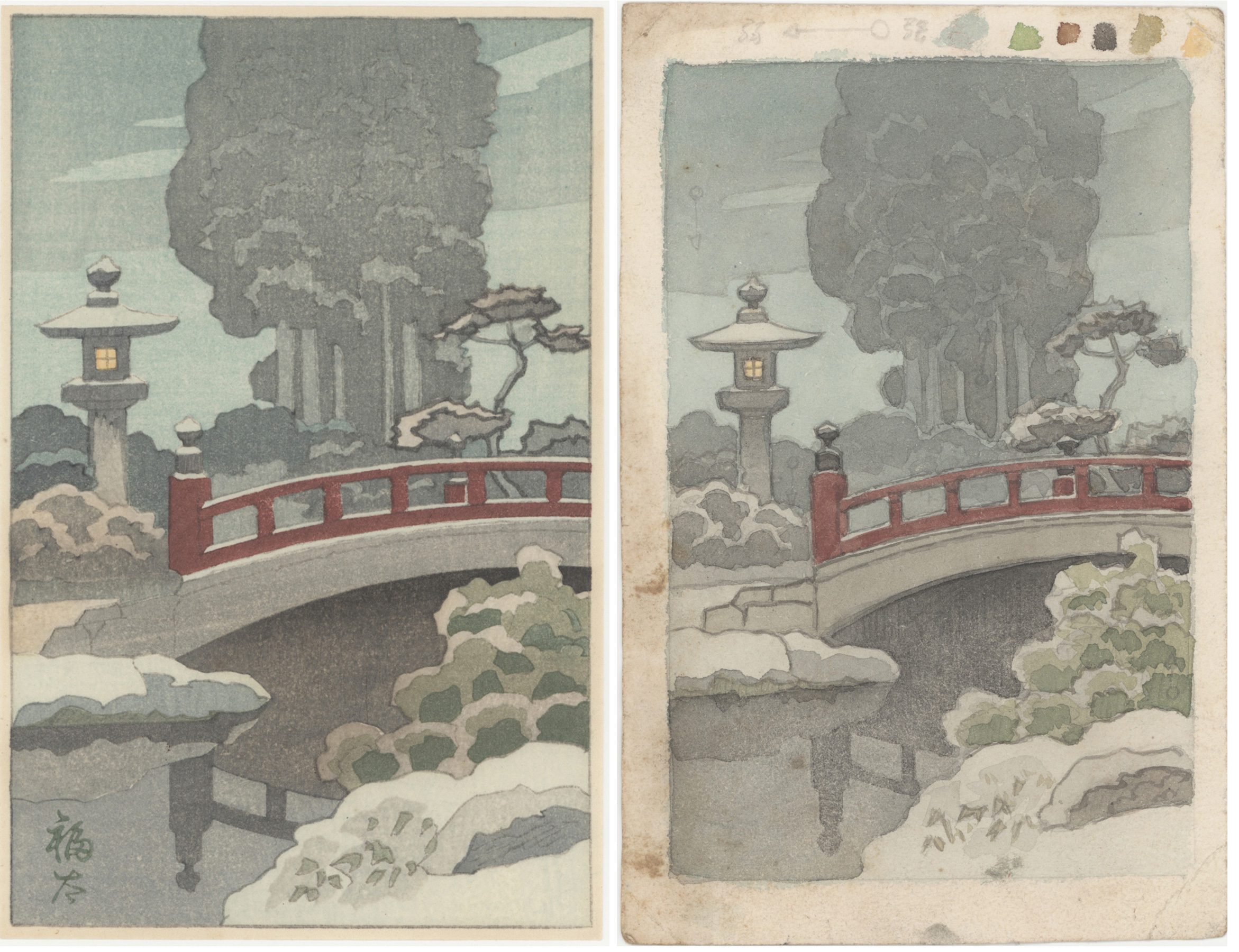 Small Format Shin Hanga: Bridge and Lantern in Evening Snow (preparatory  painting and print) - The Lavenberg Collection of Japanese Prints