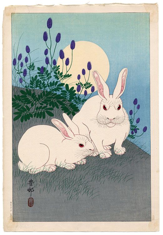 Japanese Moon Rabbit Red Rabbits with Bush Clover Under Full Moon - The Lavenberg Collection of ...