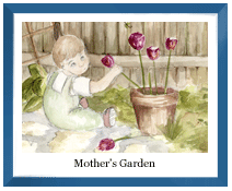 watercolor, child at a fence pulling up flowers