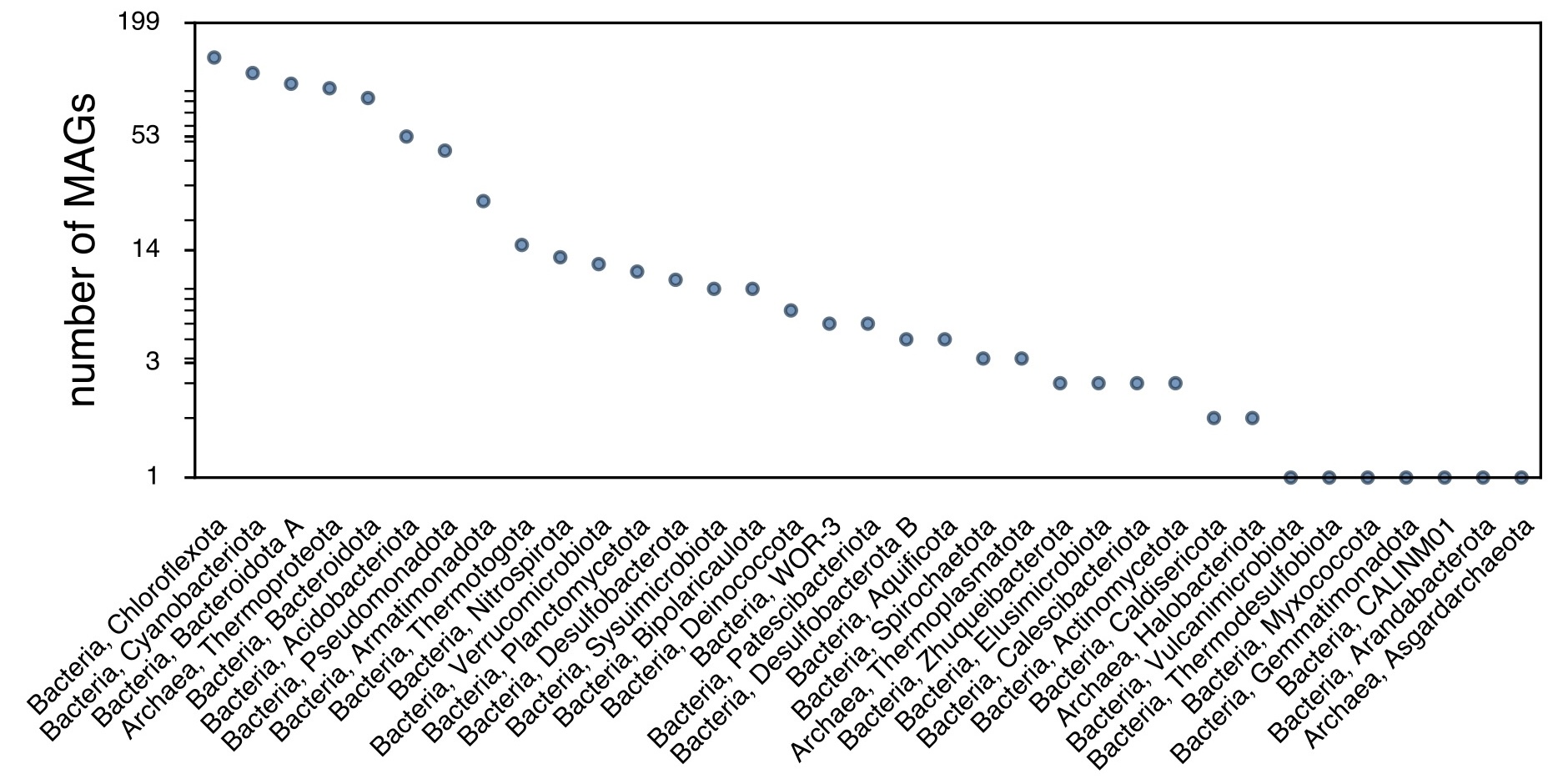Number of high-quality MAGs recovered per phylum.