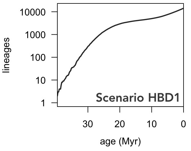 LTT of tree generated by diversification scenario HBD1.