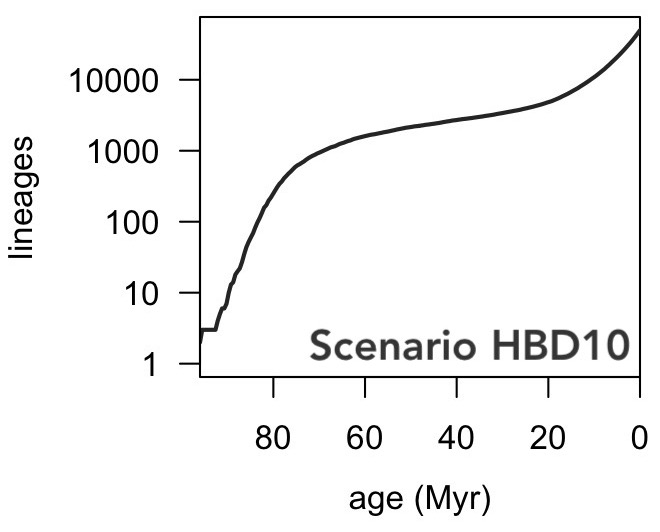 LTT of tree generated by diversification scenario HBD10.