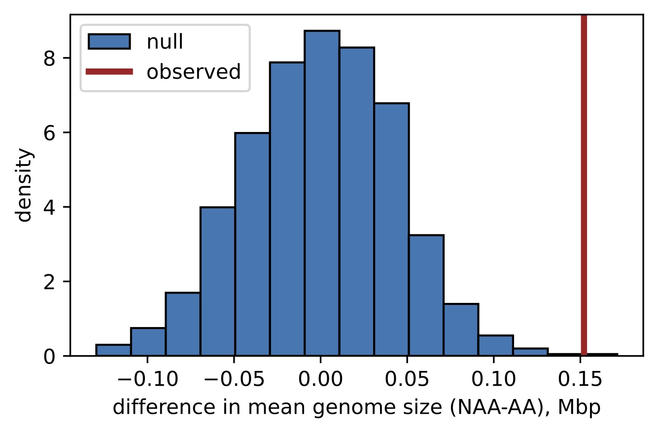 Genome size differences between animal-associated and non-animal-associated Enterobacterales species.